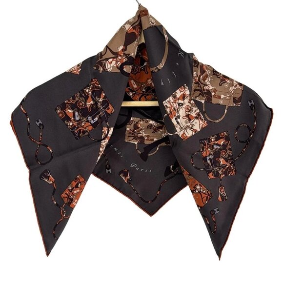 Auth HERMES Carre 70 - Dark Brown Orange Multi Scarf - Picture 1 of 4
